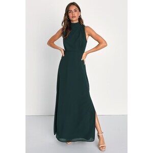 Lulus Classic Elegance Emerald Chiffon Sleeveless Mock Neck Maxi Dress Green